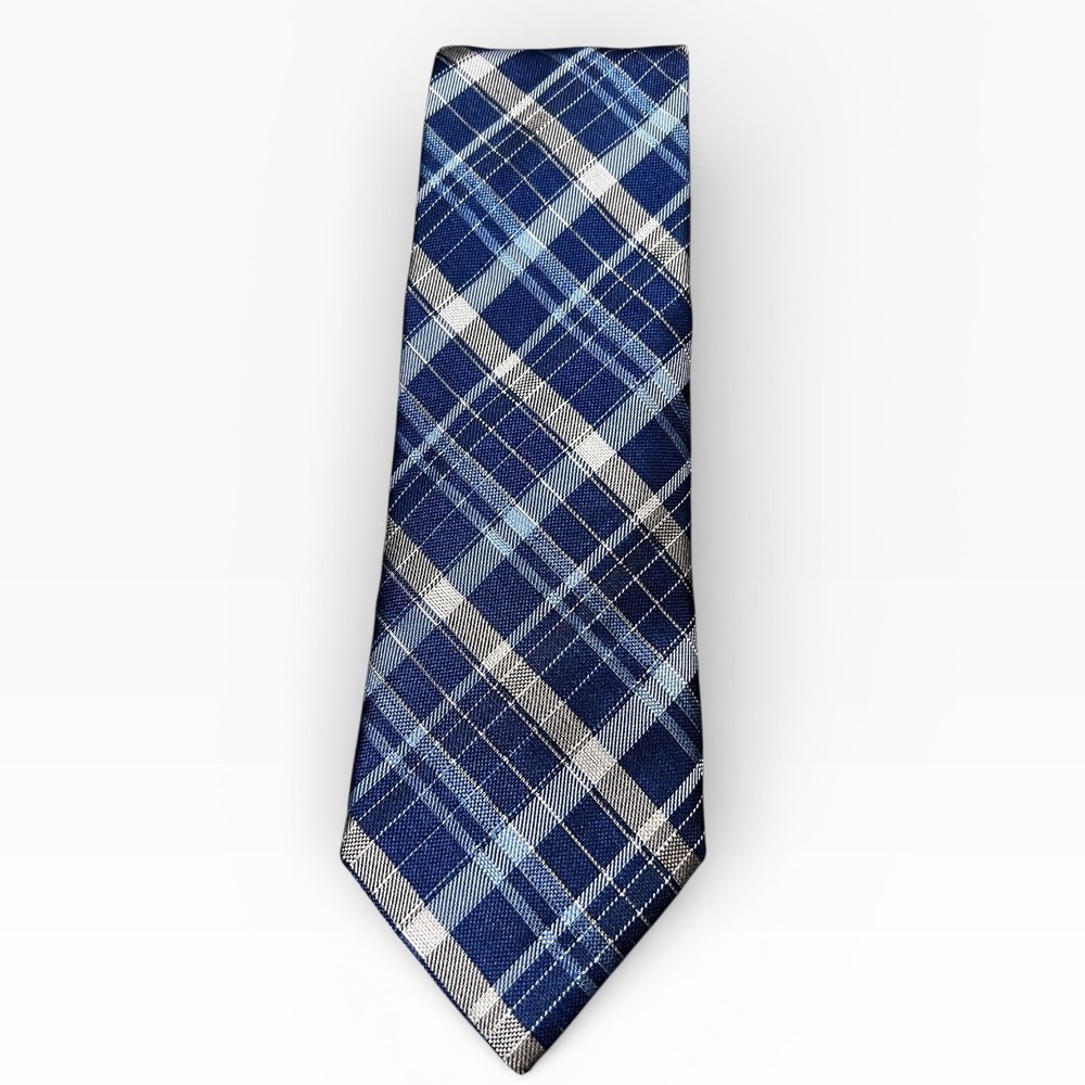 CREMIEUX Mens 100% Silk Tie Blue Tan Plaid Luxury Made in Italy Designer Necktie